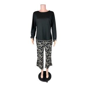 AnyBody  Women's Tall Brushed Jersey Printed Sleep Set Black Animal MT Size